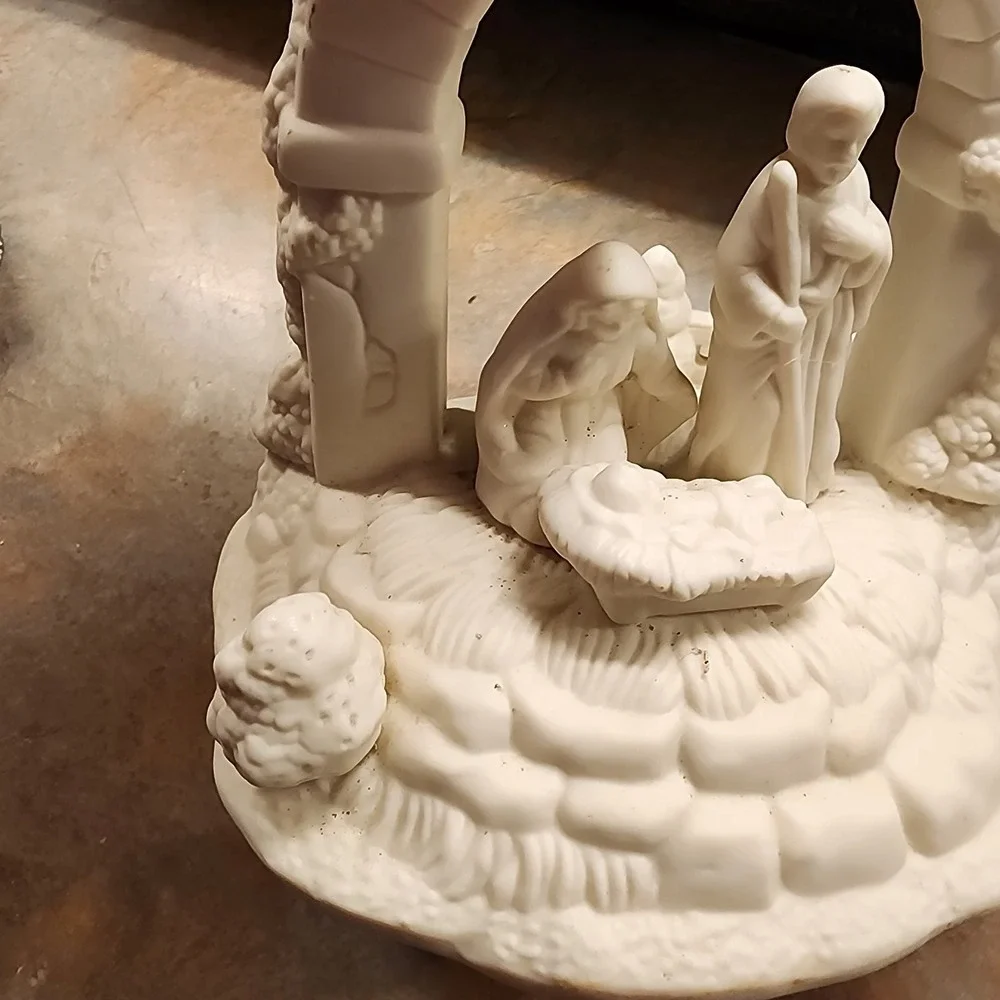 Musical Nativity Figurine Plays Silent Night Off White Bisque Holy Family 8 in.